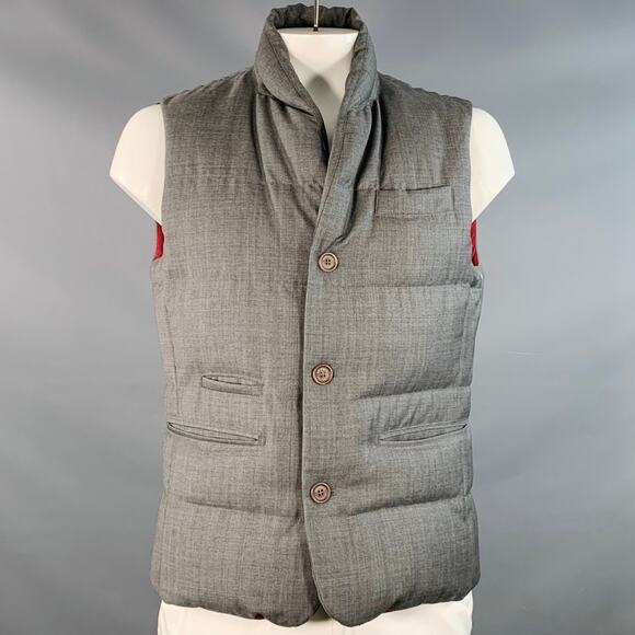 BRUNELLO CUCINELLI Size XL Grey Heather Wool Padded Buttoned Vest - Picture 1 of 10
